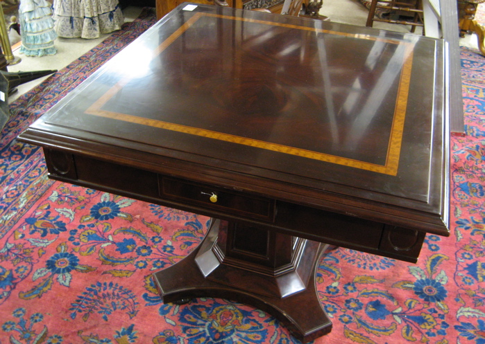 Appraisal: REGENCY STYLE MAHOGANY PEDESTAL GAME TABLE square shaped on square