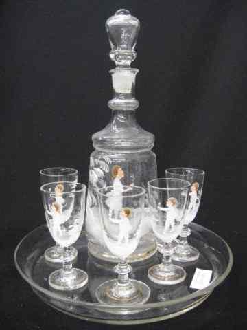 Appraisal: Mary Gregory Art Glass Decanter Set scenes of children picking