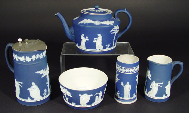 Appraisal: Five Adams blue Jasperware items with white sprigged classical figures