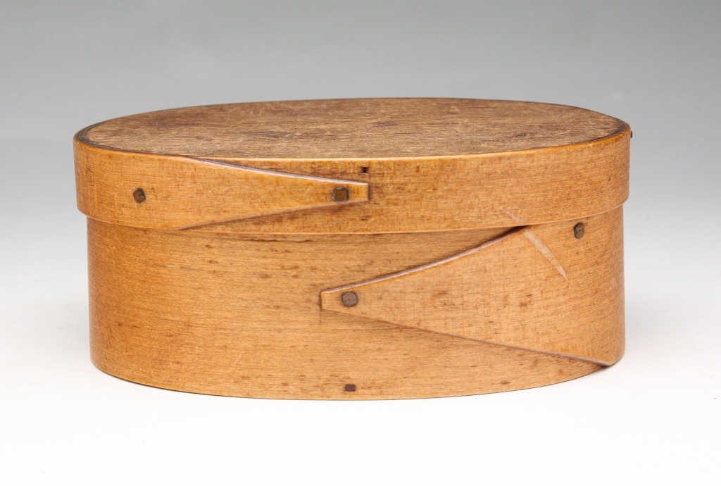 Appraisal: Second half th century Oval bentwood box with Harvard finger