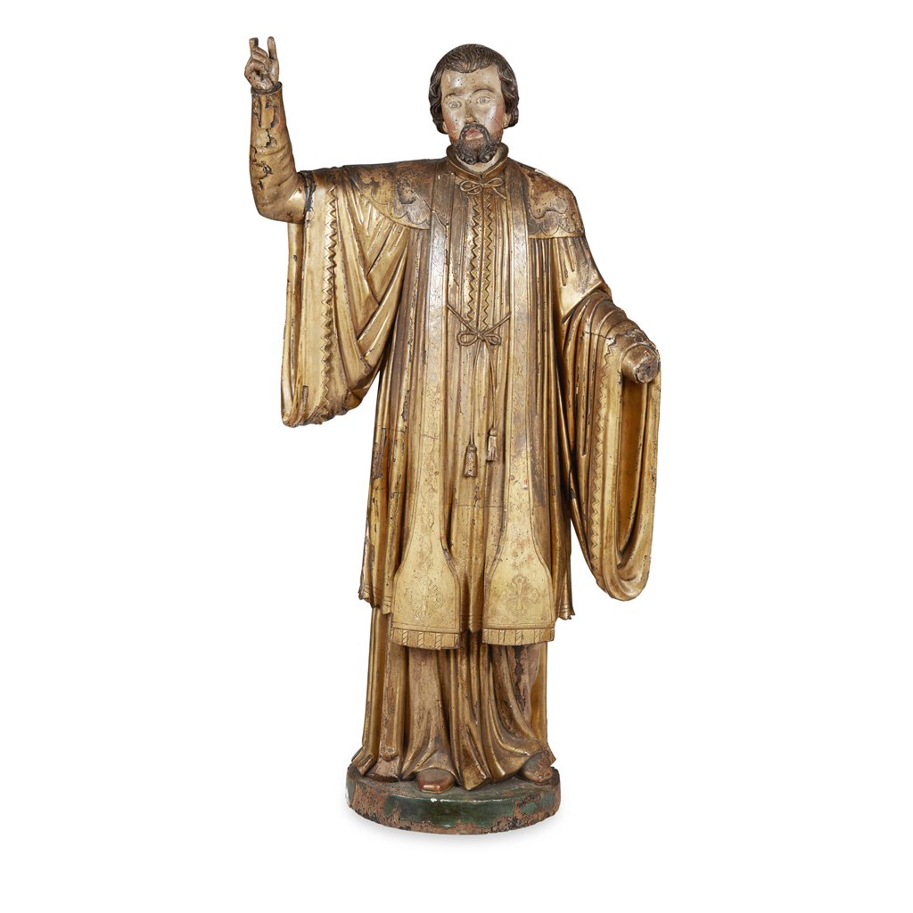 Appraisal: SPANISH CARVED POLYCHROME AND PARCEL GILT FIGURE OF SAINT POSSIBLY