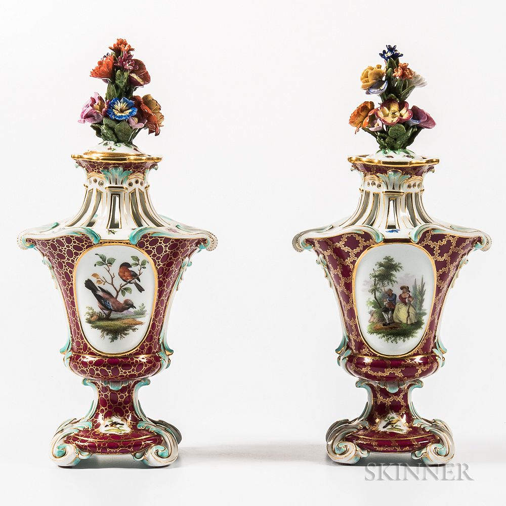 Appraisal: Pair of Meissen Porcelain Potpourri Vases and Covers Pair of