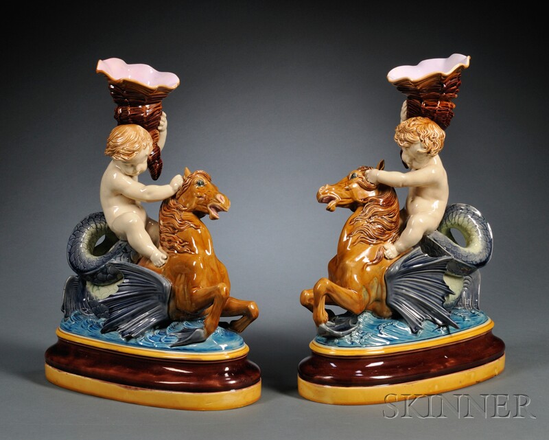 Appraisal: Pair of Minton Majolica Cherubs on Sea Horses England date