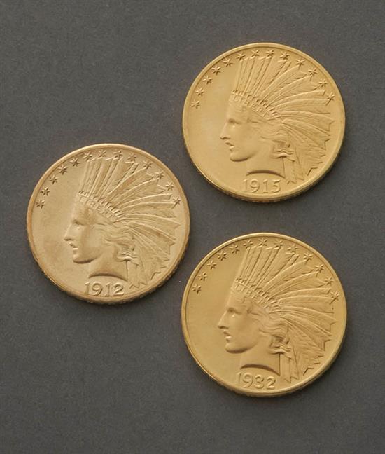 Appraisal: Three U S Indian Head Ten-Dollar Gold Coins Dated -S