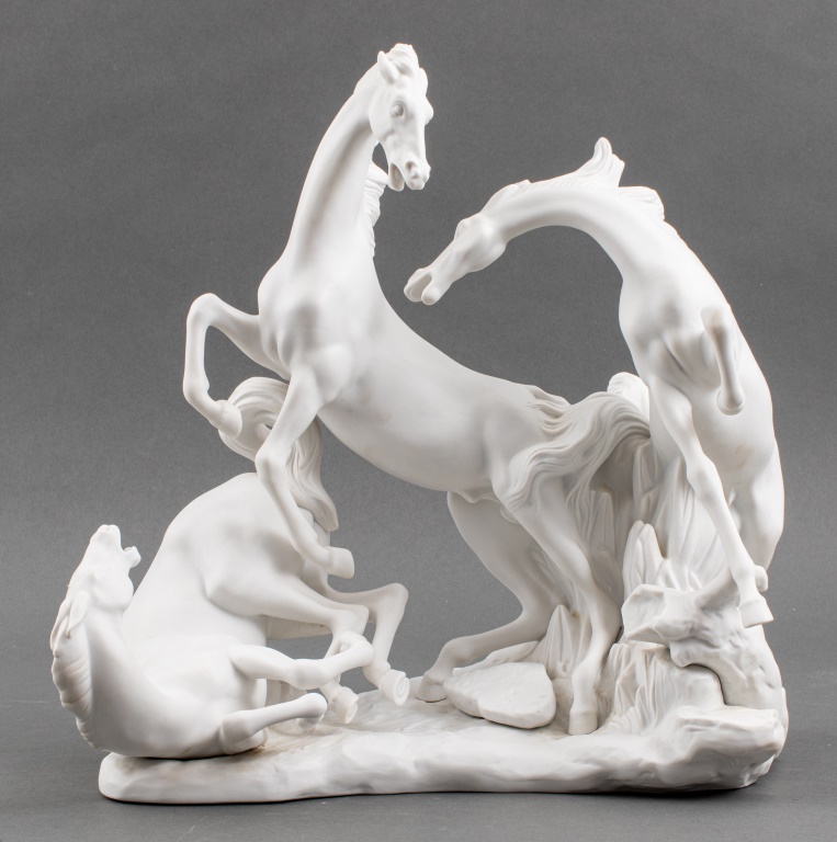 Appraisal: LLADRO 'HORSE GROUP' WHITE PORCELAIN SCULPTURE Lladro sculpture depicting three