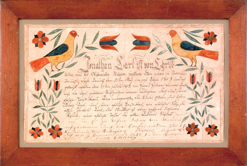 Appraisal: Southeastern Pennsylvania ink and watercolor fraktur dated for Jonathan Carl