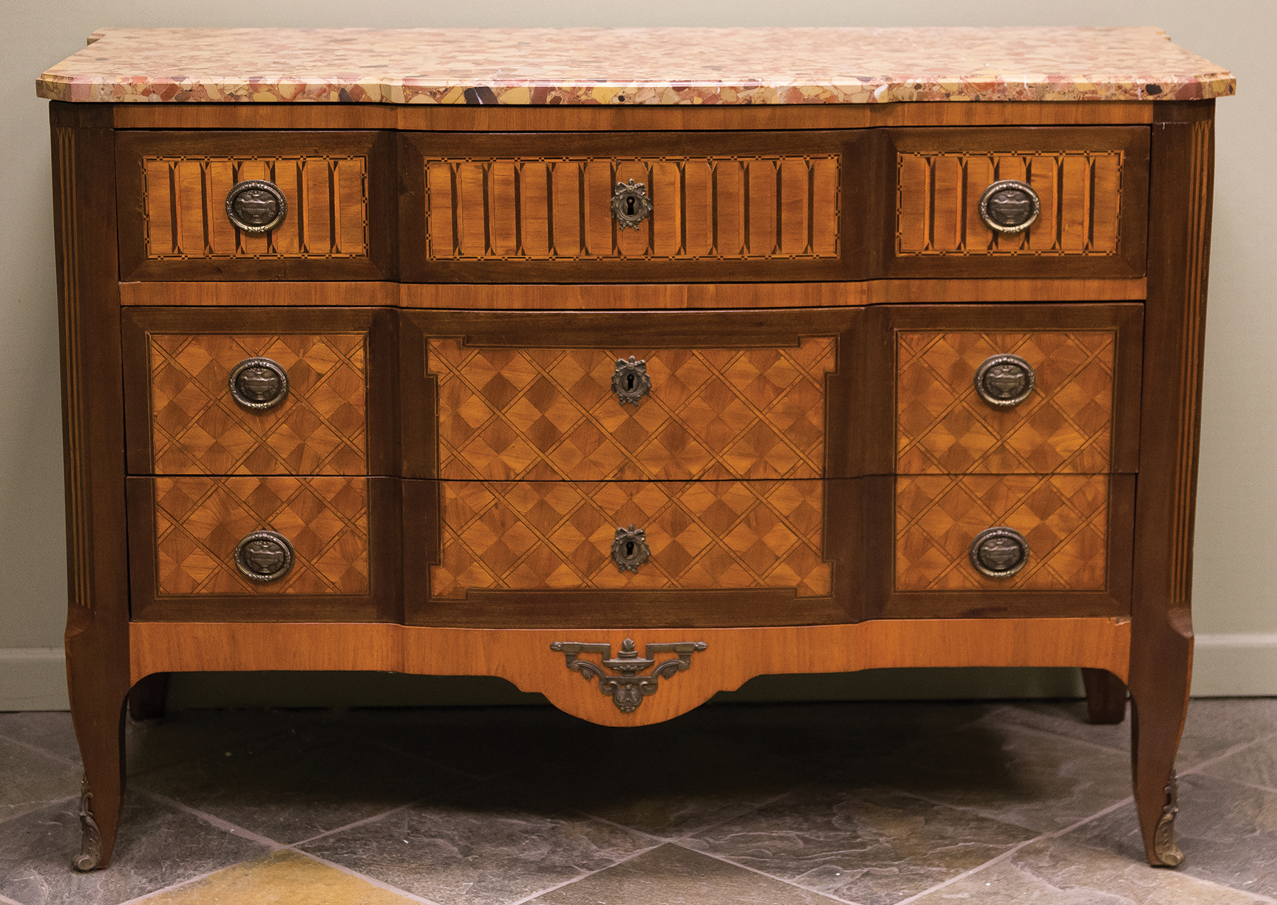 Appraisal: French Inlaid Three Drawer Chest with Marble Top th century