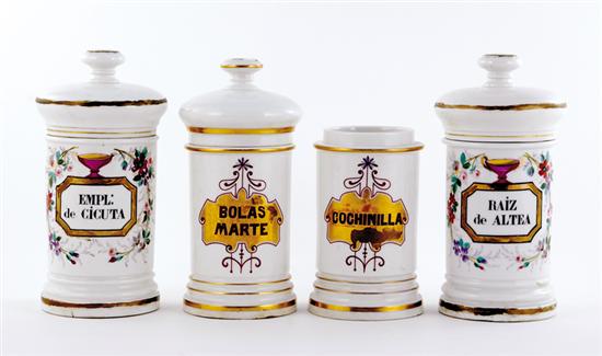 Appraisal: Paris porcelain painted apothecary jars circa pair cylindrical white body