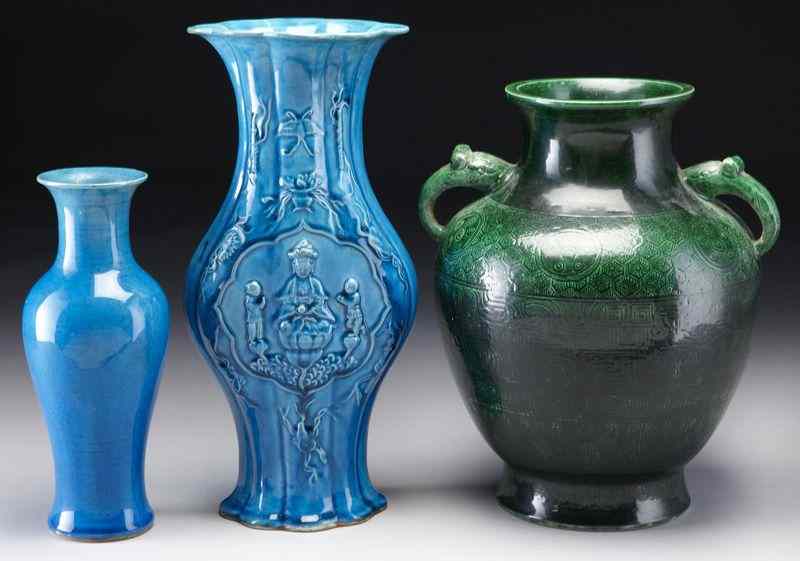 Appraisal: Chinese Qing porcelain vases including peacock blue vases green vase