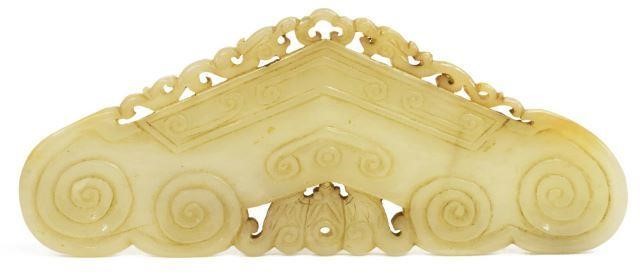 Appraisal: Chinese carved jade chime pendant plaque top edge with two