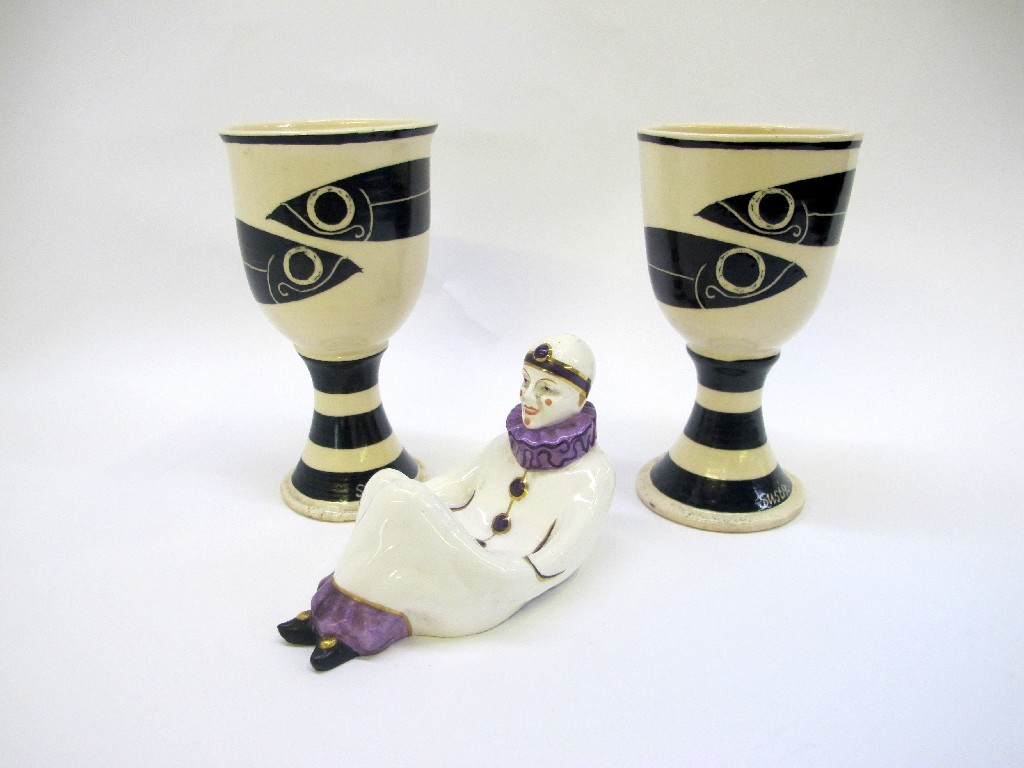 Appraisal: Czechoslovakian pierrot dish and two studio pottery goblets decorated with