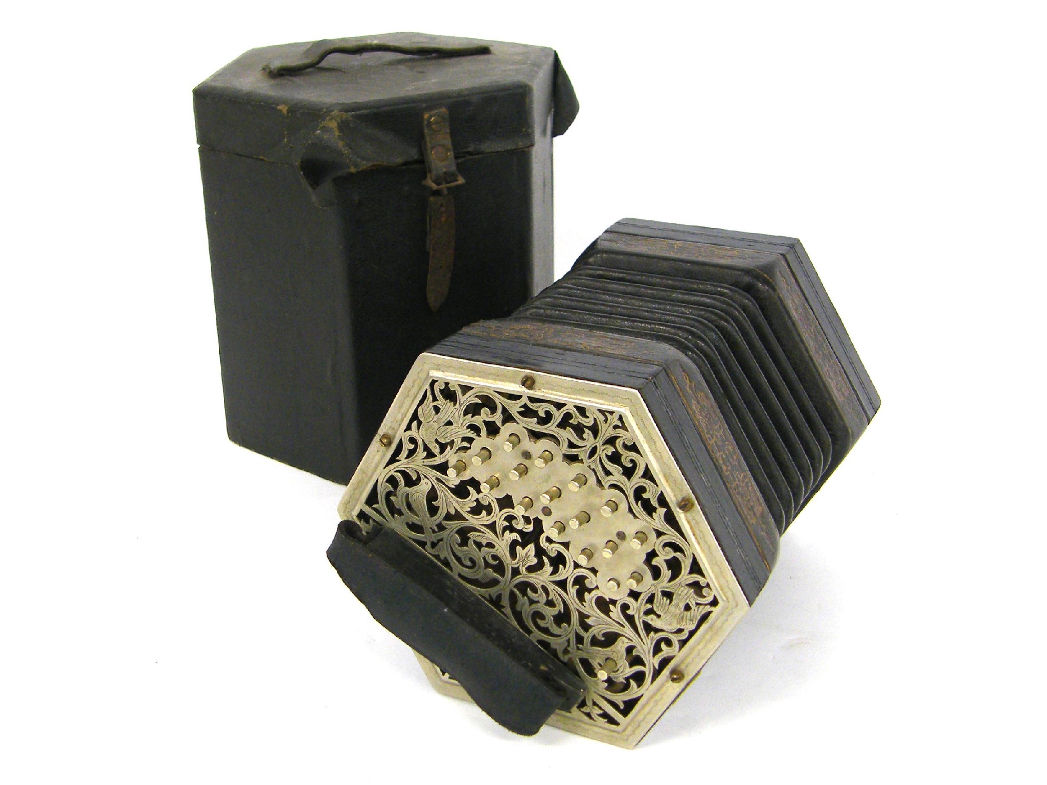 Appraisal: Good three row Anglo concertina with thirty-five buttons on pierced