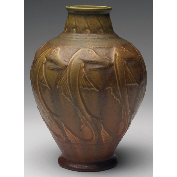 Appraisal: Rookwood vase unusual fish designs under a green and brown