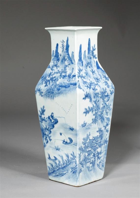 Appraisal: A BLUE AND WHITE ANGULAR VASE WITH LANDSCAPE DESIGN China