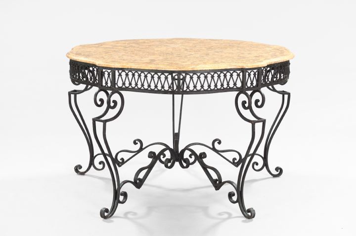 Appraisal: Wrought-Iron and Marble-Top Center Table in the Italian taste the