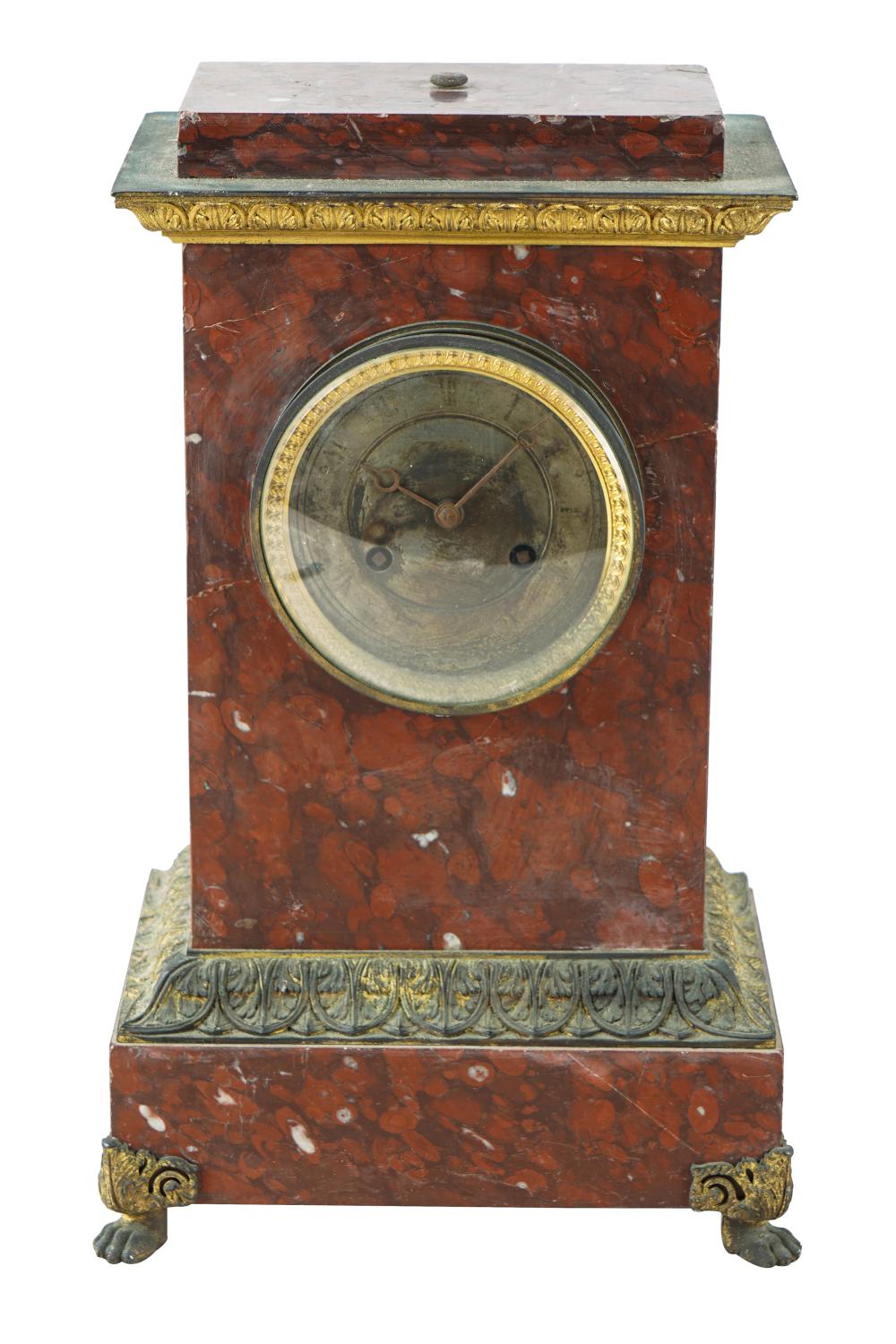 Appraisal: ROUGE MARBLE MANTEL CLOCKthe movement unsigned on four paw feet