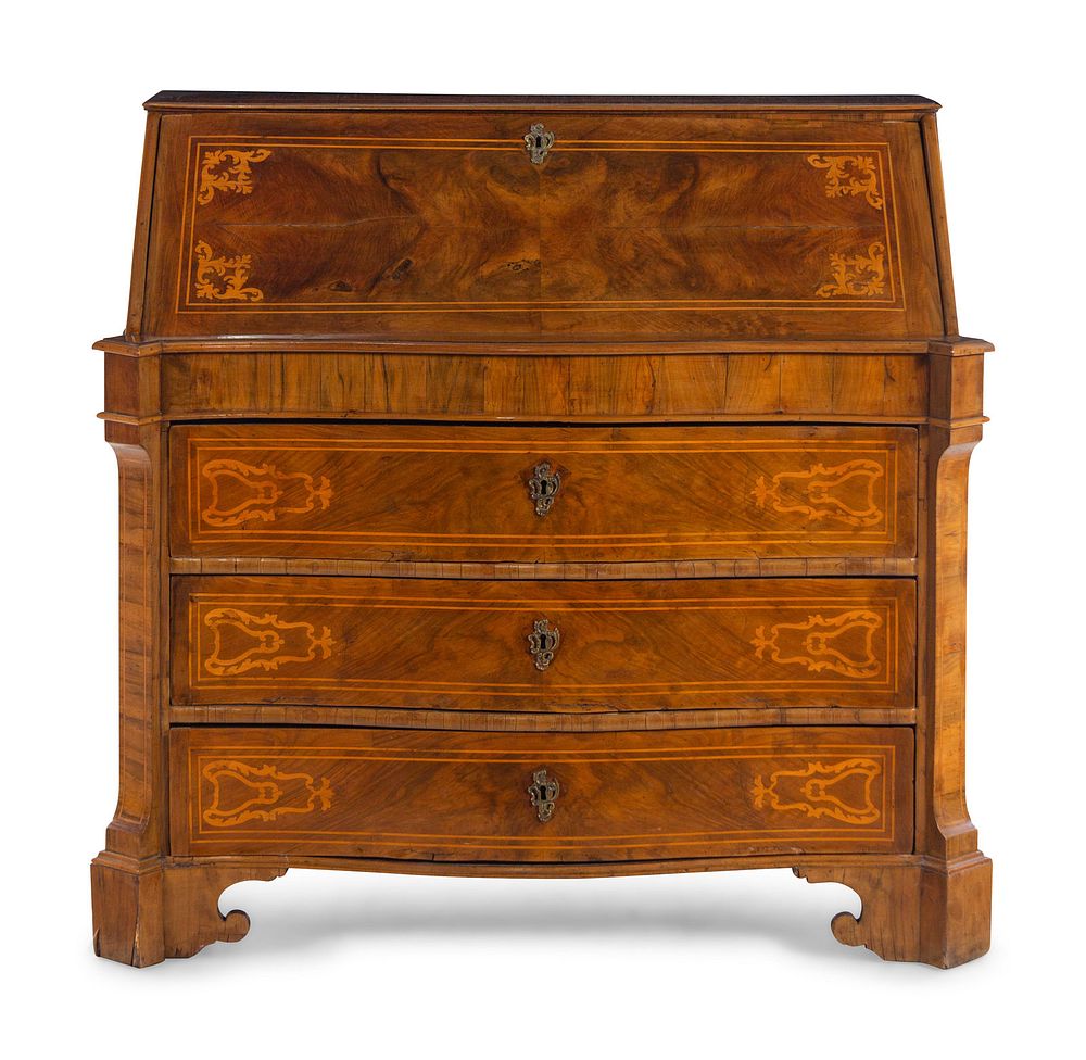 Appraisal: An Italian Marquetry and Burl Walnut Slant-Front Desk An Italian