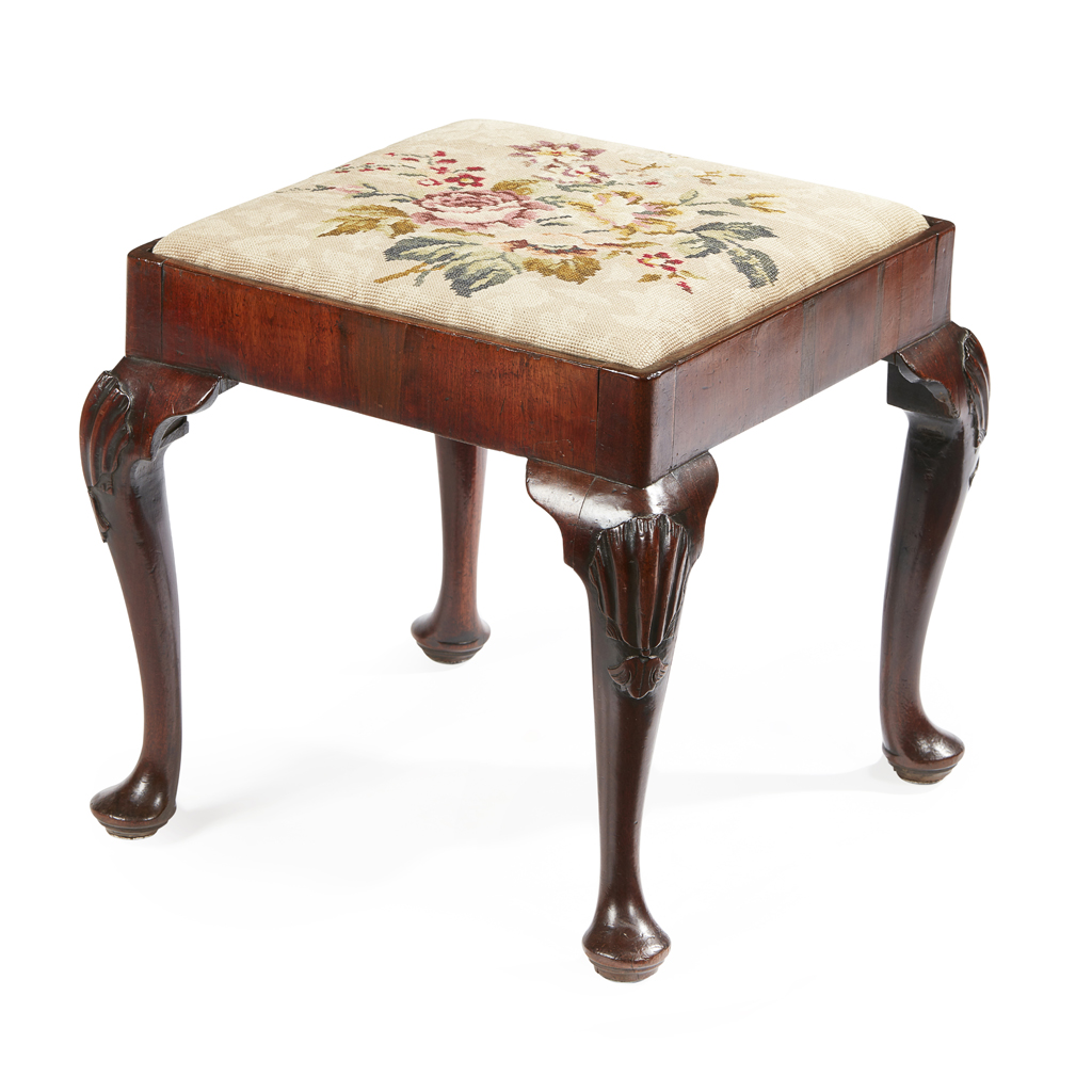 Appraisal: GEORGE II WALNUT STOOL MID TH CENTURY the square drop