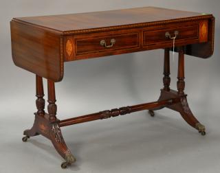 Appraisal: Custom mahogany drop leaf sofa table on turned supports set