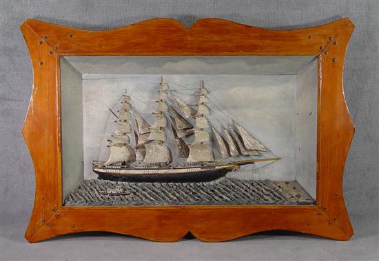 Appraisal: Diorama of Three-Masted Sailing Ship Circa On folky molded waves