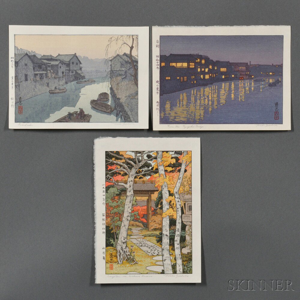 Appraisal: Toshi Yoshida - Three Color Woodblock Prints Japan Iidabashi signed