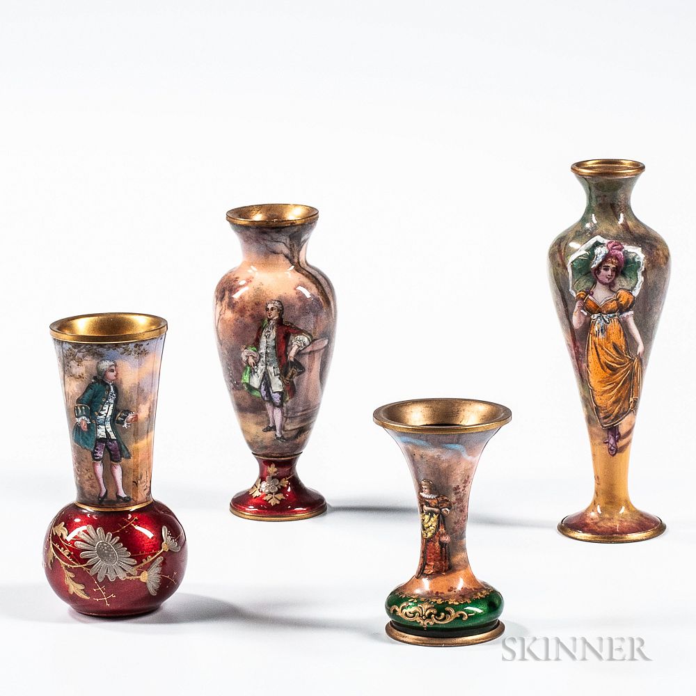 Appraisal: Four Enamel-on-Copper Vases Four Enamel-on-Copper Vases France late th early