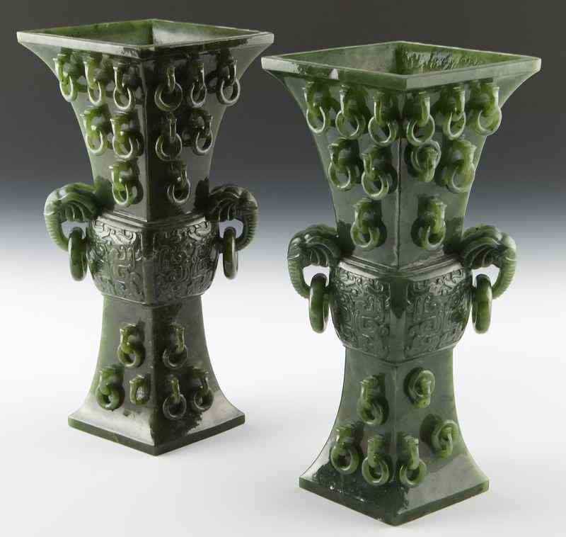 Appraisal: Pr Chinese carved spinach jade Gu vases both with two