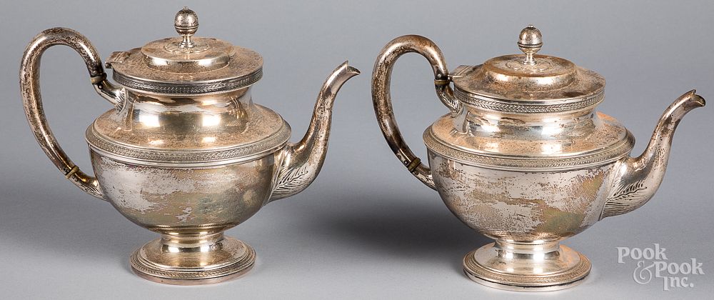 Appraisal: Two J E Caldwell sterling silver teapots Two J E