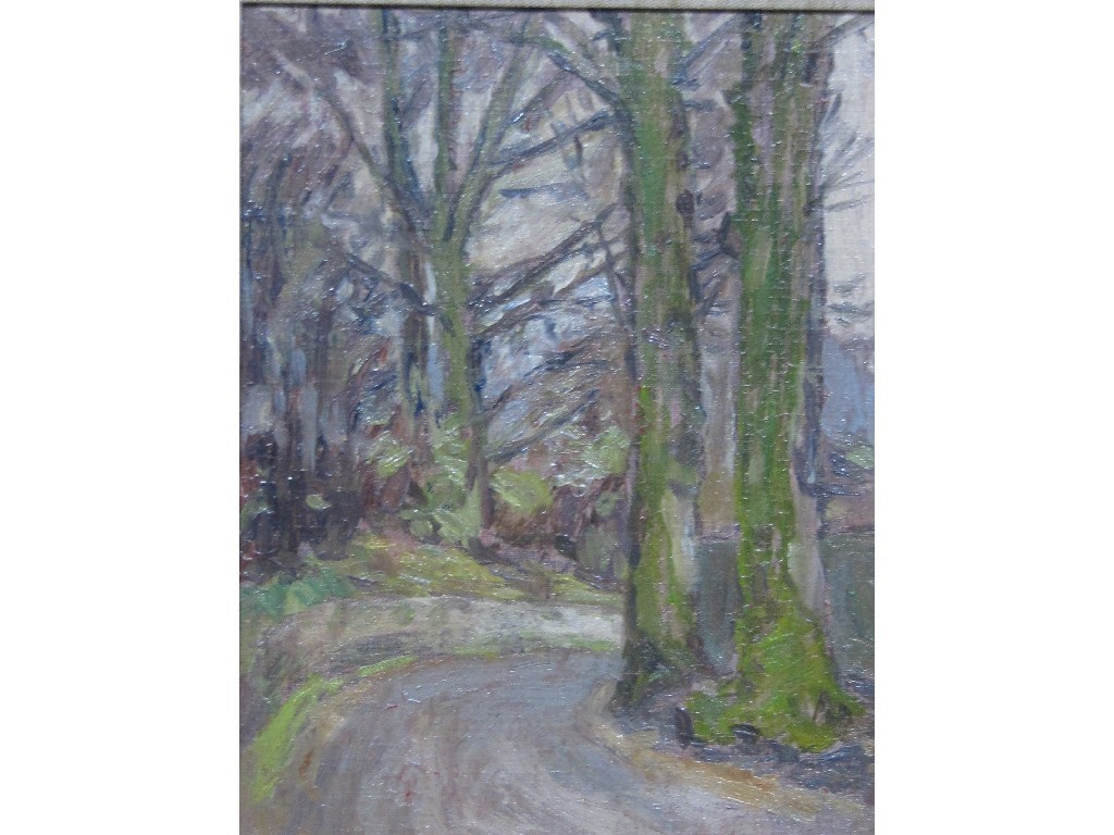 Appraisal: HUGH MUNRO Oil on board 'A Country Road' Gallery label