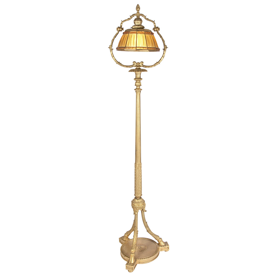 Appraisal: Tiffany Studios Gilt-Bronze and Favrile Glass Linenfold Harp Floor Lamp