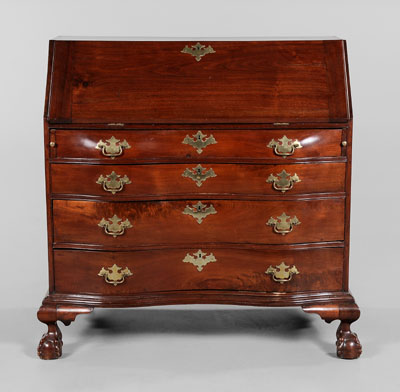 Appraisal: American Chippendale Ox-Bow Desk Massachusetts late th century figured walnut