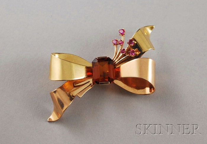 Appraisal: kt Bicolor Gold Citrine and Pink Gemstone Retro Bow Brooch