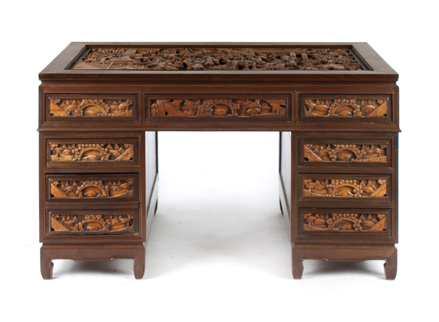 Appraisal: Chinese teak camphorwood kneehole desk second half- th century top