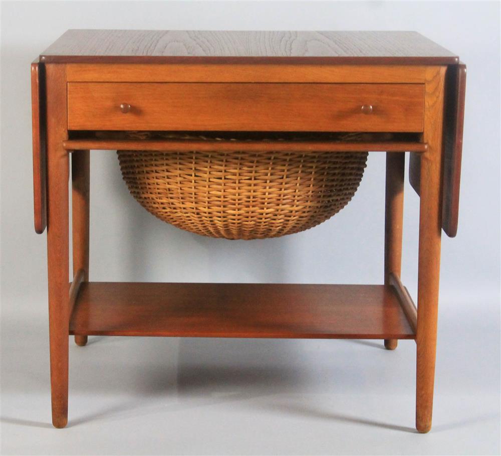 Appraisal: HANS WEGNER TEAK AND OAK SEWING TABLE WITH WICKER BASKET