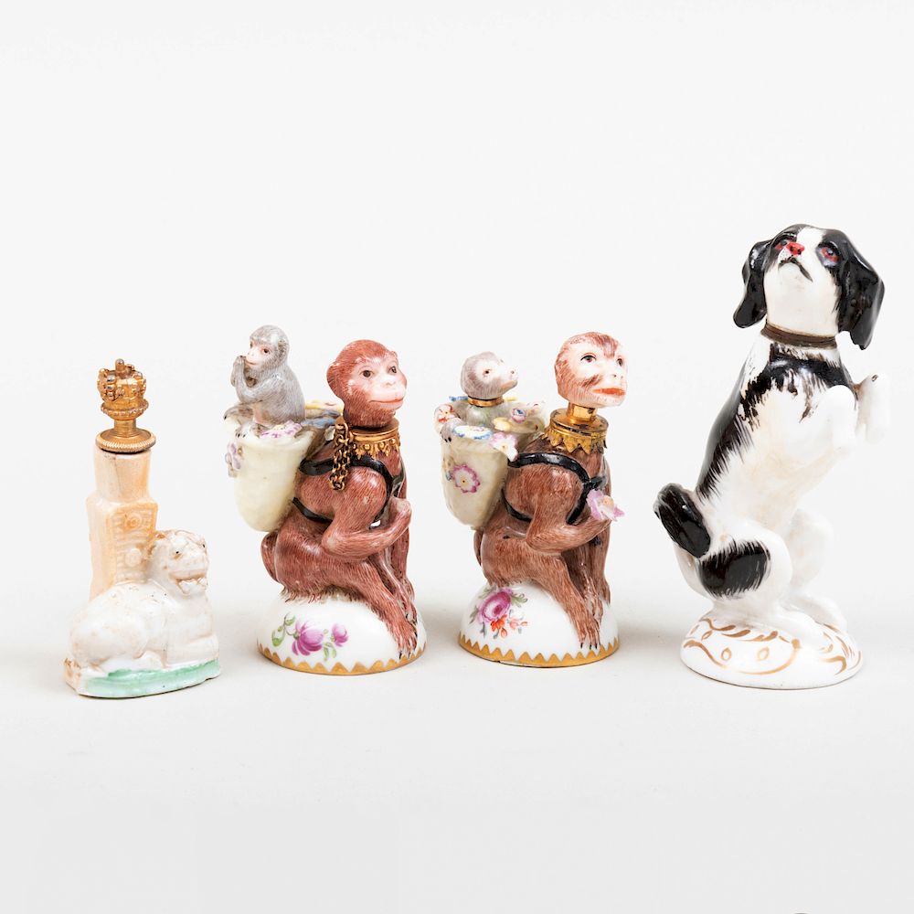 Appraisal: Two Chelsea Porcelain Monkey Form Scent Bottles and Two Animal