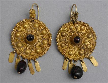 Appraisal: PERSIAN GOLD AND GARNET EARRINGS Of disk form with suspended