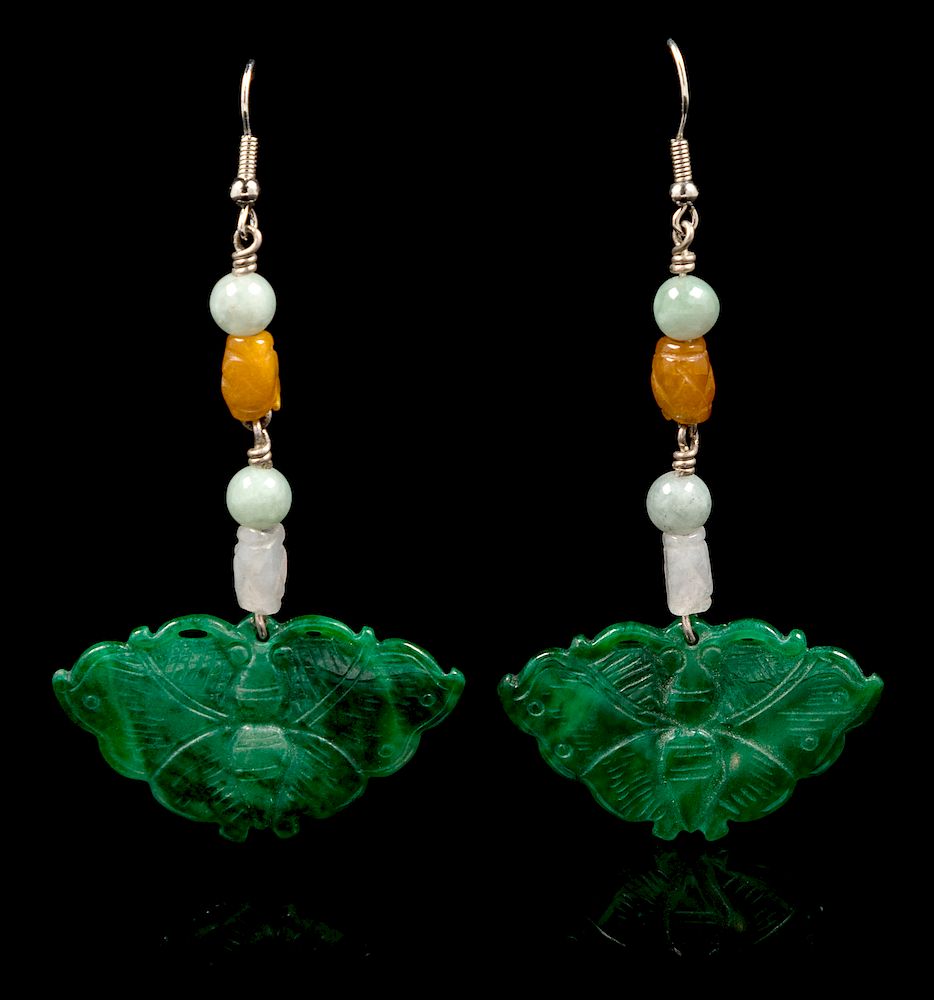 Appraisal: A Pair of Chinese Spinach Jade Butterfly-Form Earrings Pendant width