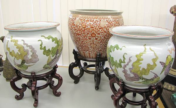 Appraisal: A group of three Chinese overglaze enameled porcelain fish bowls