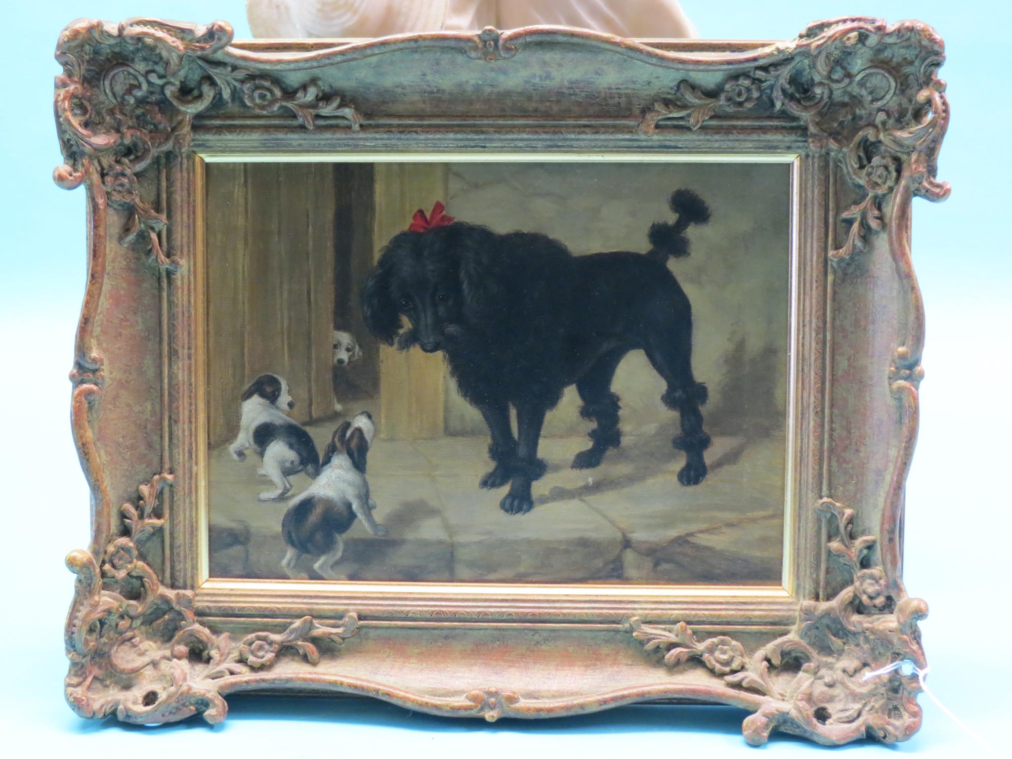 Appraisal: An oil on canvas - black poodle and two puppies