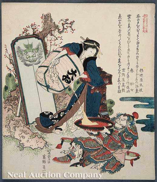 Appraisal: Katsushika Hokusai Japanese - Pouring Wine from a Cask surimono