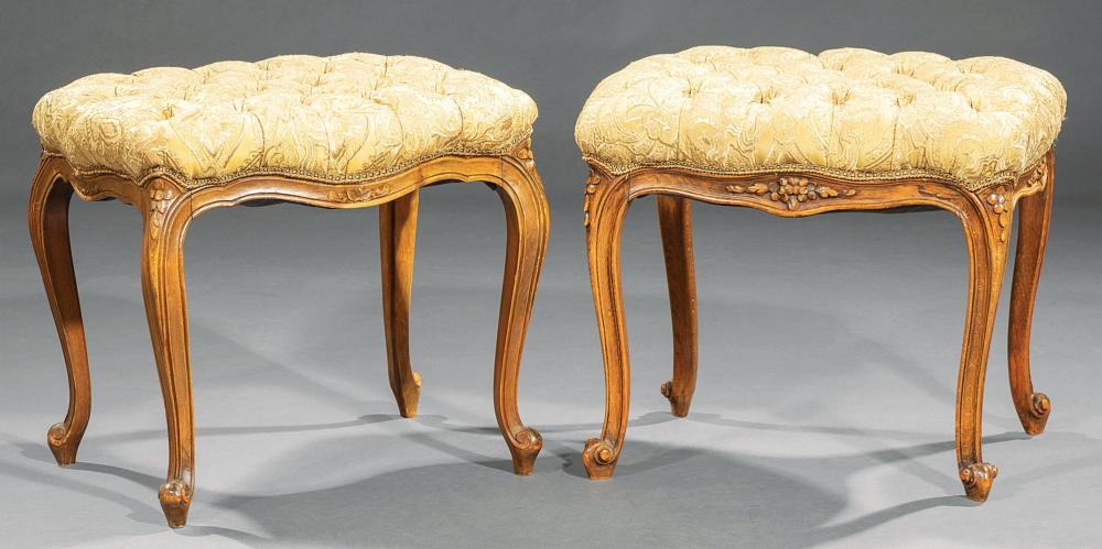 Appraisal: Pair of Louis XV-Style Carved Fruitwood Footstools tufted upholstered serpentine