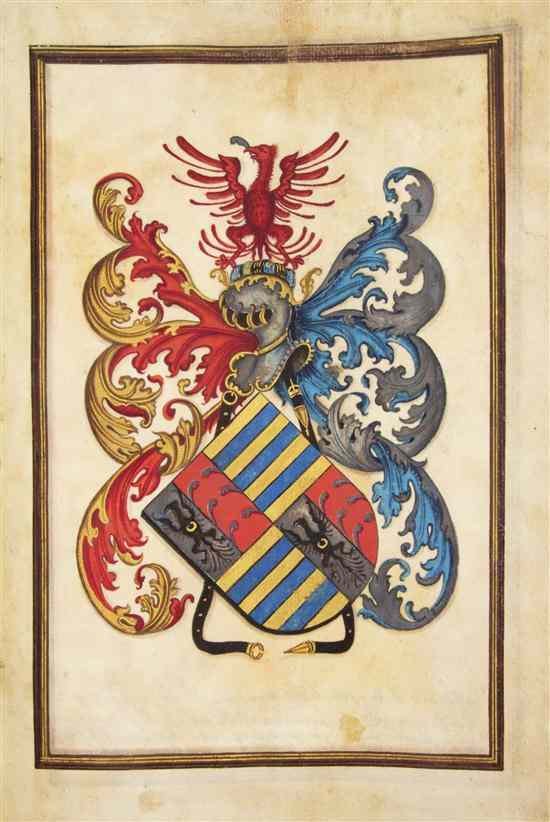 Appraisal: ILLUMINATED MANUSCRIPT HERALDRY A hand-painted Coat-of-Arms Portuguese bound with leaves