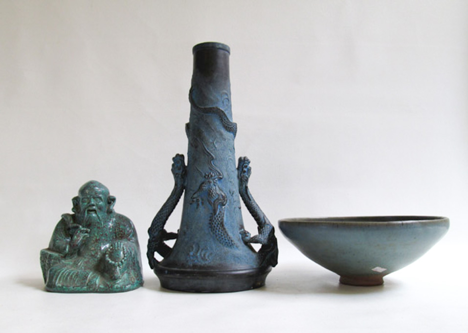 Appraisal: CHINESE REPUBLIC VASE BOWL AND BUDDHA FIGURE the metal dragon