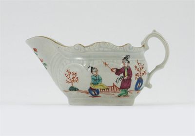 Appraisal: A Pennington's Liverpool rococo-moulded sauceboat painted in polychrome enamels with