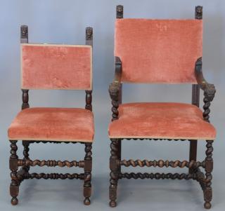 Appraisal: Set of eight oak dining chairs with carved lions on