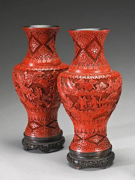 Appraisal: A pair of cinnabar lacquer vases with trumpet necks Late