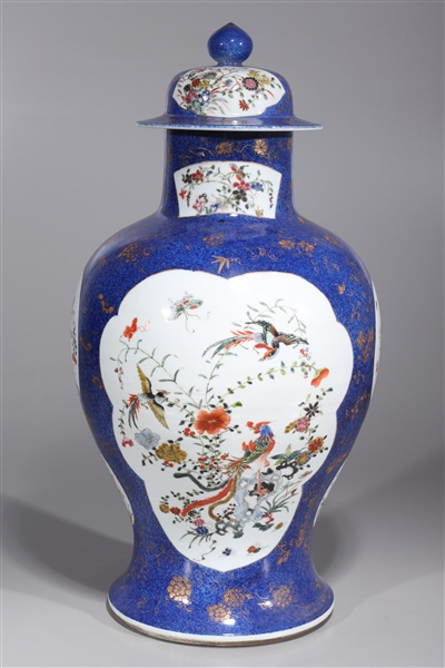 Appraisal: Chinese covered blue ground vase with birds flowers and gilt