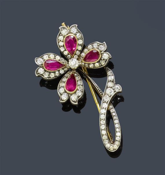 Appraisal: A RUSSIAN DIAMOND AND RUBY BROOCH - Silver on pink