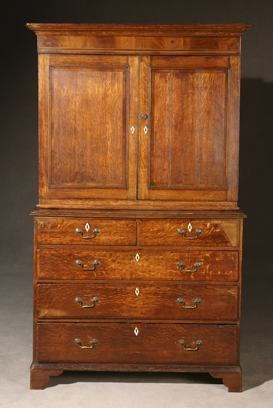 Appraisal: George III Style Satinwood Inlaid Crossbanded Oak Two-Part Cabinet-on-Chest Mid-