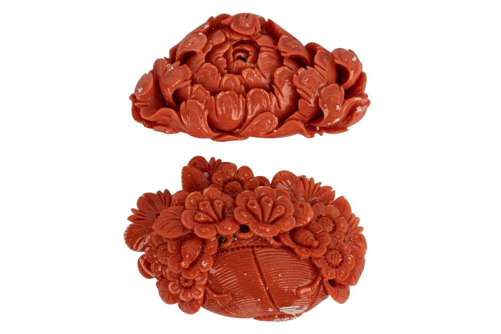 Appraisal: TWO CORAL CARVINGSone depicting a basket with flowers grams the